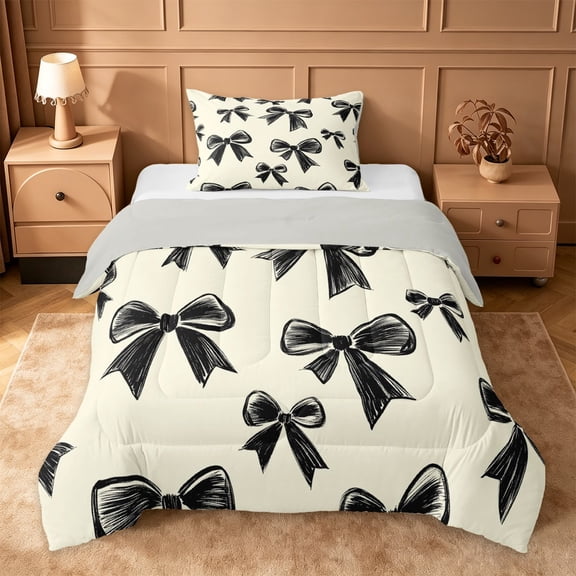 Erosebridal Cute Coquette Bow Twin Comforter Sets For Girls,Black Kawaii Bowknot Kids Bedding Set,Light Gray Reversible,2 Pieces