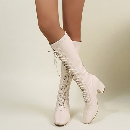 

TALKVE Ladies Fashion Solid Color Leather Lace Up High Heel Boots