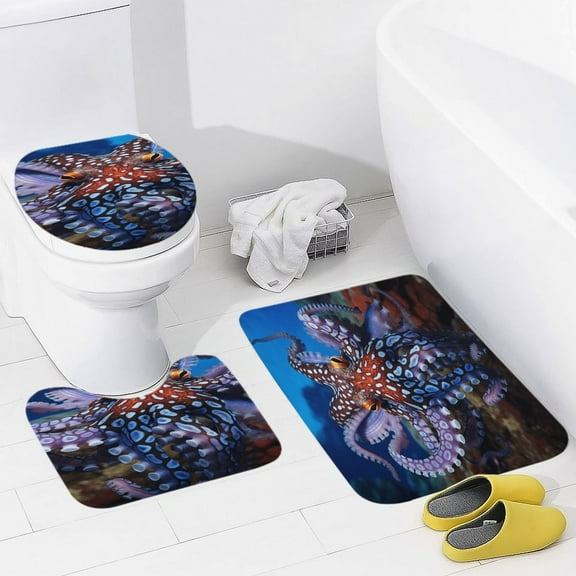 Octopus in The Mysterious Ocean Bathroom Mats Set of 3 Pieces，Non Slip Non Slip Mats, Washable Mats, Decorative Carpets for Bathrooms, Kitchens, And Bedrooms.