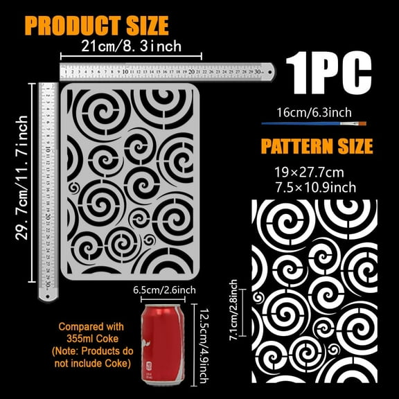 Spirals Painting Stencil with 1Pc Plastic Paint Brush 8.3x11.7inch Reusable Swirl Pattern Drawing Template Line Art Endless Connections Swirls Repetition Stencil for Home Wall Decor