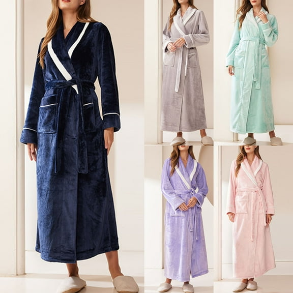 YHAJDS Women Winter Casual Pajama Suits,Sleepwear for Women,Pajama Set Sleep Set Unisex Solid Color Fashion Turndown Collar Thickened Flannel Pocket Long Robe With Belt for Winter