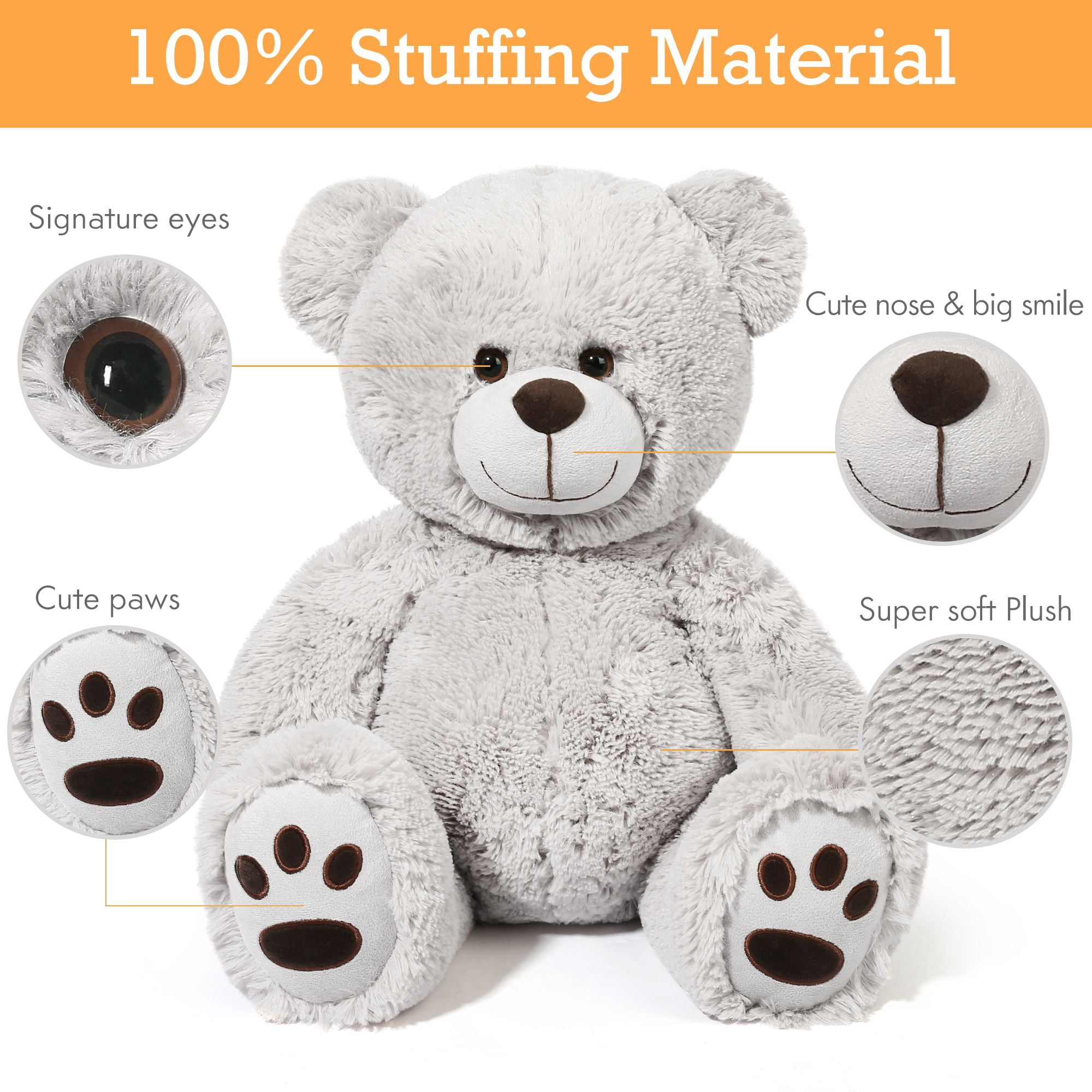 LotFancy Teddy Bear Stuffed Animal, 20” Plush Toy Gift for Girls Girlfriend, Gray