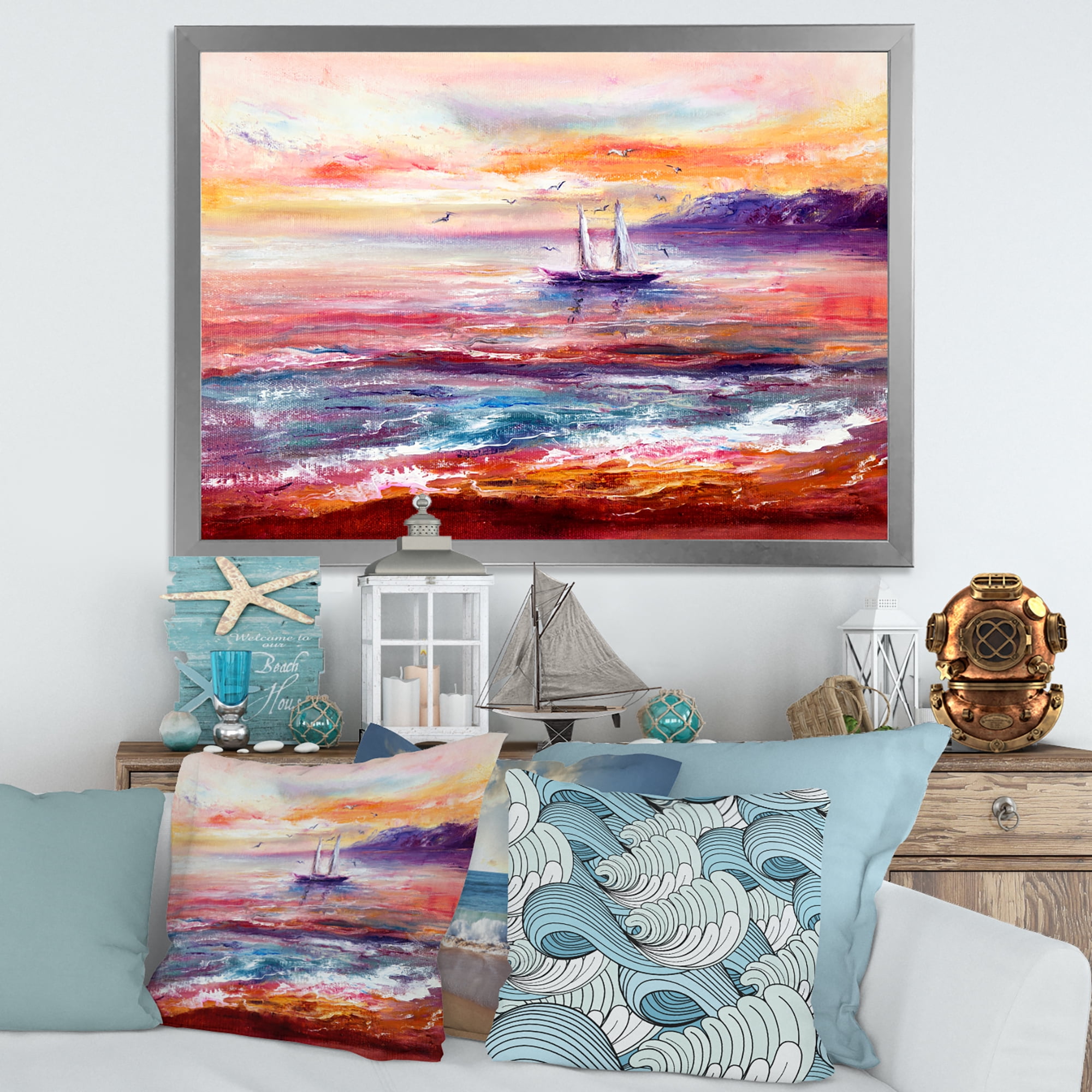 Boat On The Ocean During Vibrant Sunset Glow 20 in x 12 in Framed Painting Canvas Art Print, by Designart