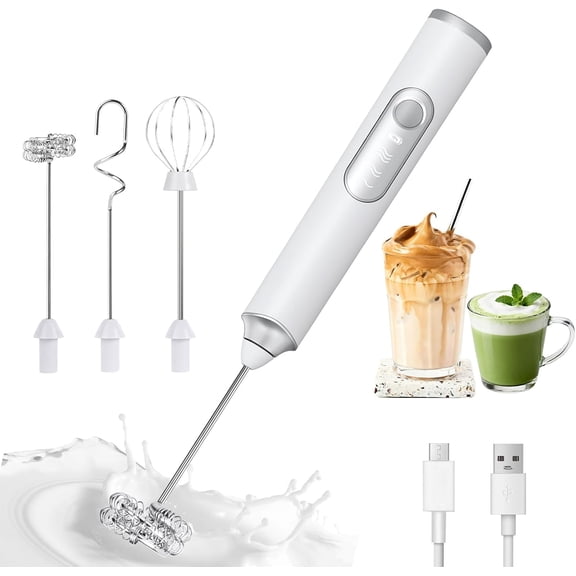 Milk Frother Handheld, 3-Speed Frother Wand USB-C Rechargeable, with 3 Detachable Whisks, Coffee Frother for Coffee,Latte, Cappuccino, Matcha, Hot Chocolate & Eggs, Electric Whisk Drink Mixer (White)
