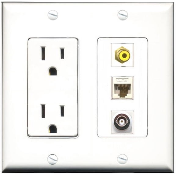 RiteAV - 15 Amp Power Outlet 1 Port RCA Yellow 1 Port BNC 1 Port Cat6 Ethernet Ethernet White Decorative Wall Plate