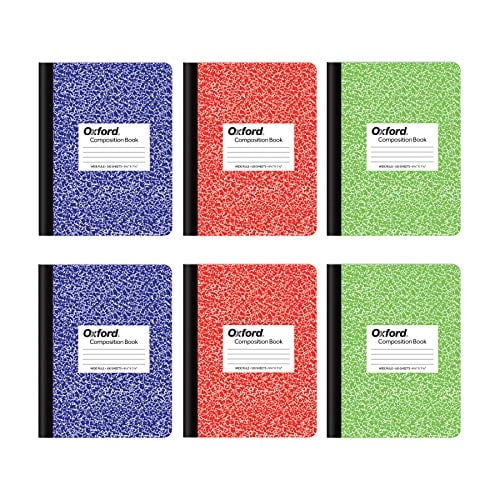 Cuaderno de composición Oxford, 6 pzas. Papel rayas anchas, 9-3/4 x 7-1/2", 100 hojas, mármol surtido, 2 c/u: azul, verde, rojo (63762)
