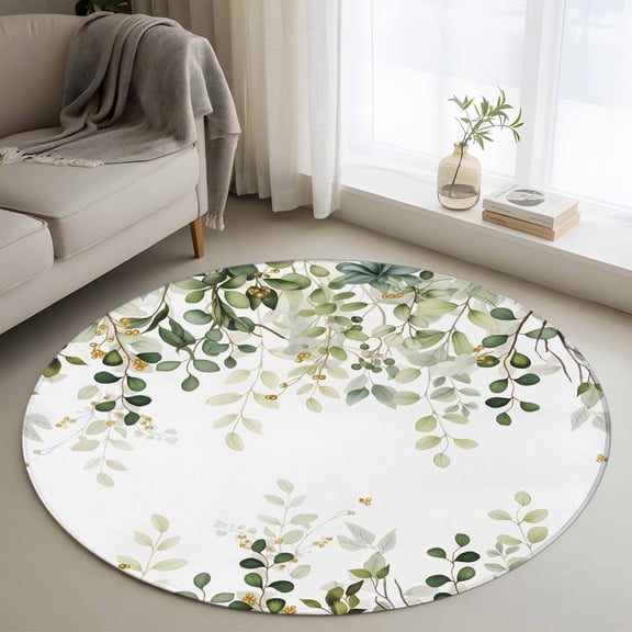 Round Area Rug 4 Ft, Sage Green Eucalyptus Leaves Washable Non-Slip Circle Carpet for Living Room/Bedroom, Spring Botanical Floral Low-Profile Crawling Mats Collection Rugs for Indoor