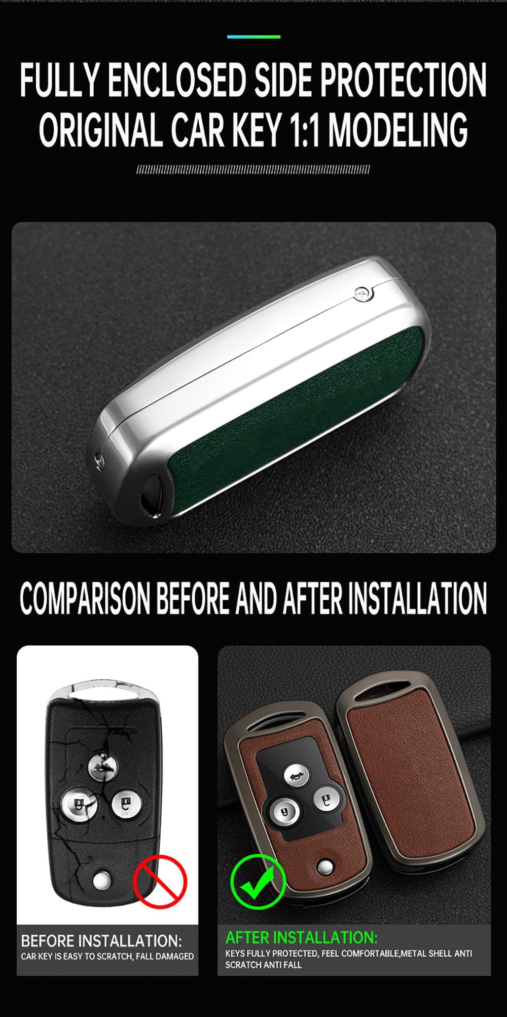 Flip Folding Key Fob Jacket Fit for Honda Accord 2008-2012 Metal Key Skin Leather Key Shell Double Protection Key Case Fit for MDX RDX TL TSX ZDX 2008-2013