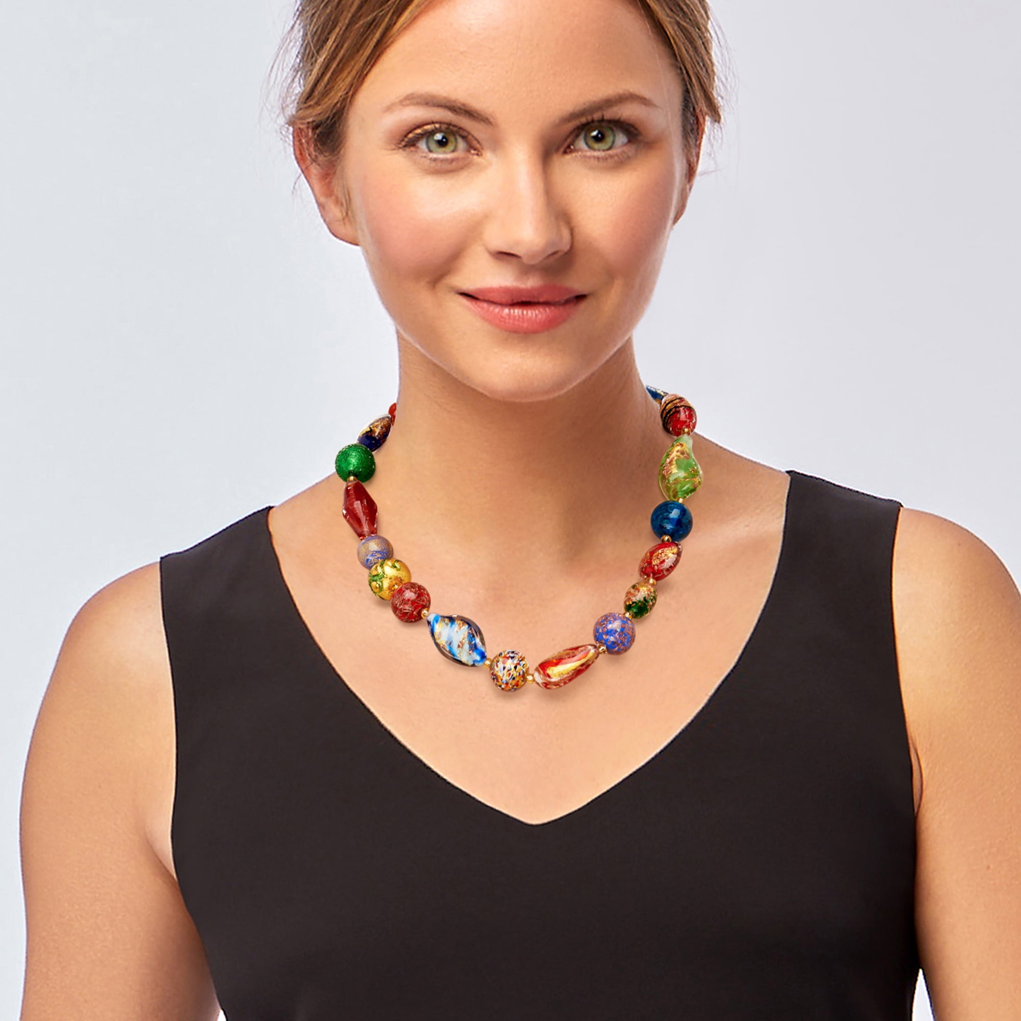 Ross-Simons Italian 4-18mm Multicolored Murano Glass Bead Necklace With 18kt Gold Over Sterling