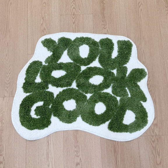 LAKEA Trendy 'You Look Good' Grass Text Tufted Rug White Green Fluffy Shaggy Carpet Non-Slip Absorbent Bath Mat Living Room Bedroom