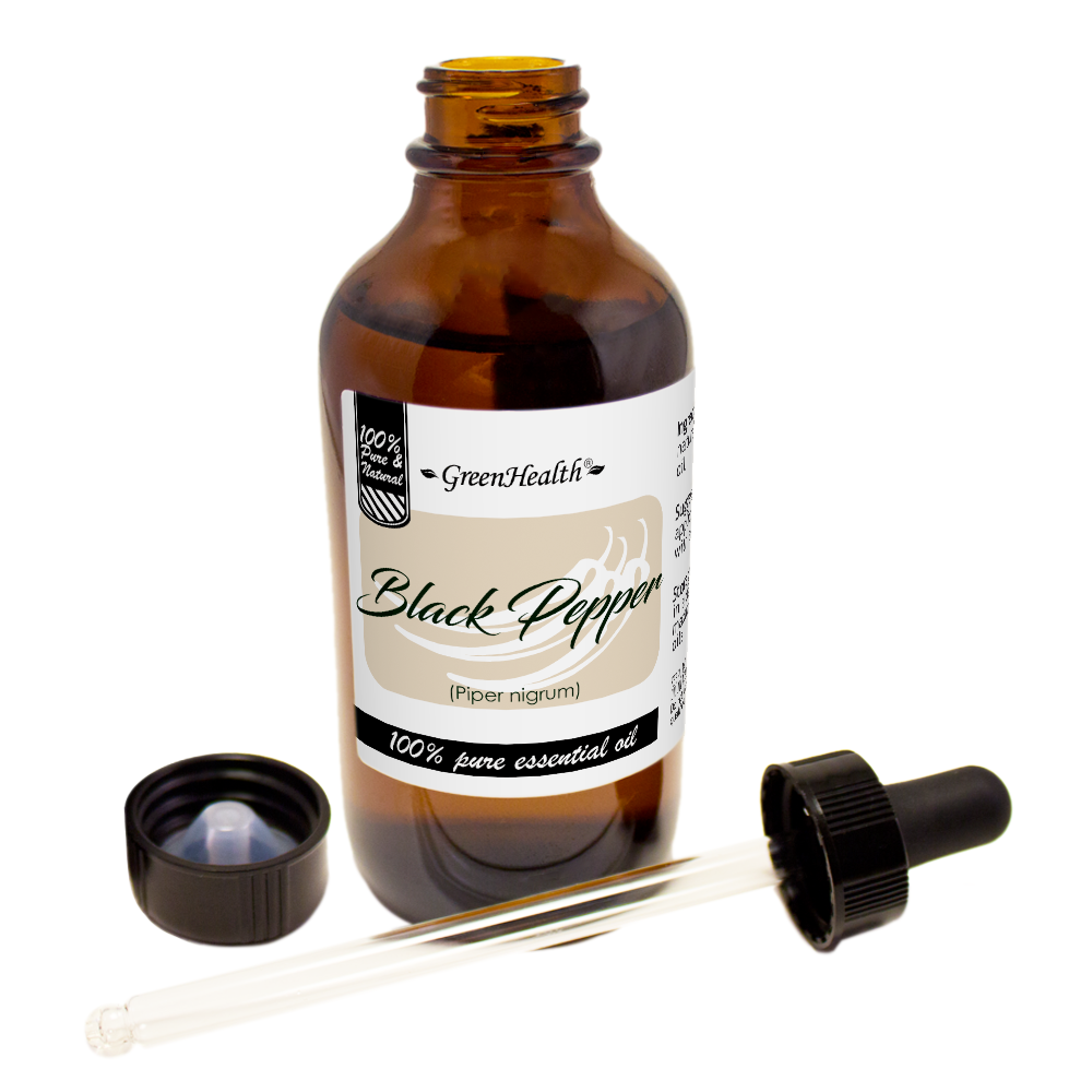 GreenHealth Black Pepper Essential Oil 4 fl oz (118 ml) Glass Bottle with Cap and Glass Dropper