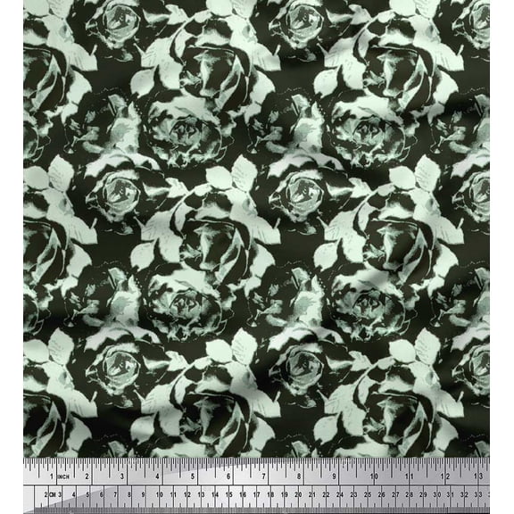 Soimoi Cotton Duck Fabric Leaves & Rose Flower Printed Fabric 1 Yard 42 Inch Wide
