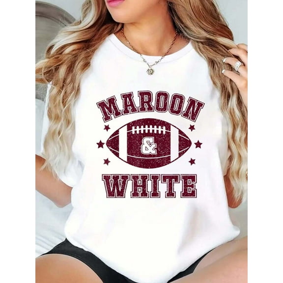 On Gameday Football We Wear Maroon And White School Spirit T-Shirt Print Crew Neck T-Shirt For Summer, Women's Soft Short Sleeve Top, Stylish Comfy Tee For Women Graphic Tees