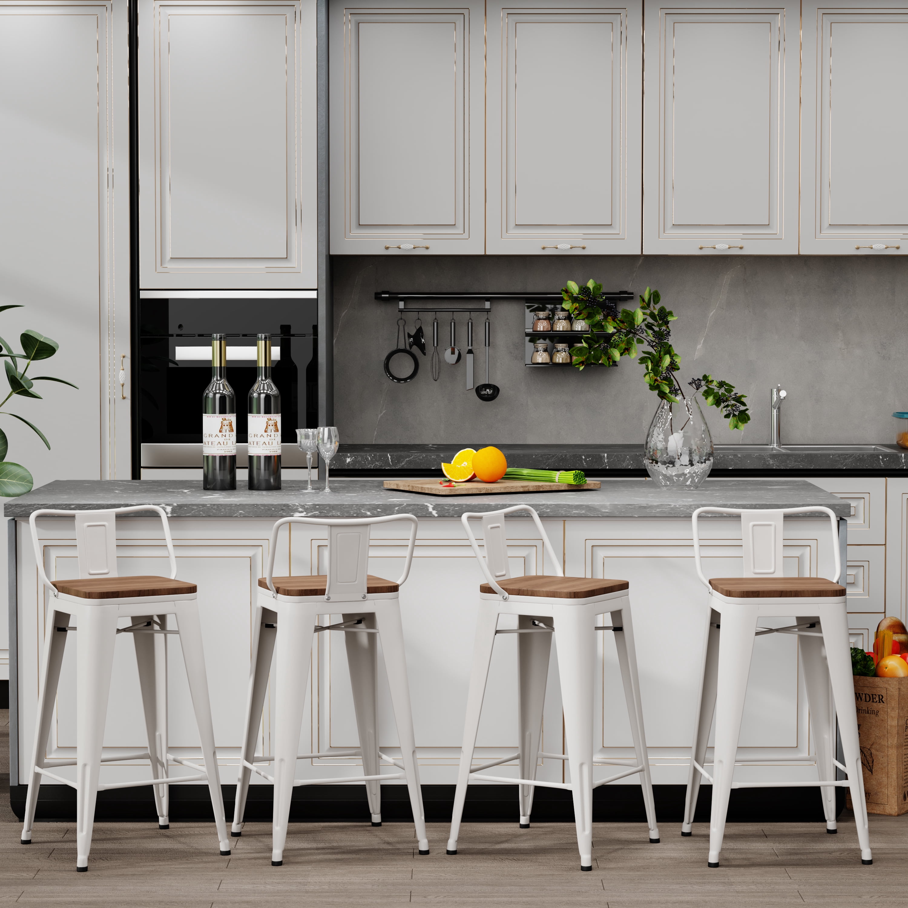Apeaka 26 inch Bar Stools with Back Set of 4 Counter Height Chair  with Wood Seat Metal Bar Stools Kitchen