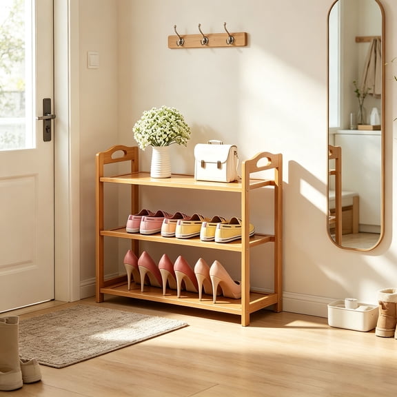 3 Tiers Shoe Rack Zzbiqs Shoe Storage Organizer, Bamboo, Wood, up to 12 Pairs