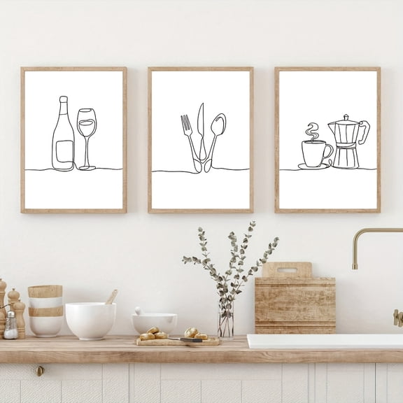 3pcs/ Set Line Drawing Kitchen Poster Decoration, Kitchen Wall Art, Restaurant Printed Matter, Housewarming Gifts, Kitchen Decoration, Kitchen Art, Modern Simple Black And White Line Wall Art Decora