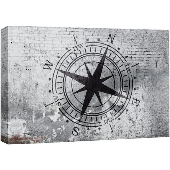 wall26 Canvas Print Wall Art Compass on Gritty Gray City Brick Wall Abstract Shapes Digital Art Graffiti & Street Art Bohemian Scenic Urban Cityscape for Living Room, Bedroom, Office - 24"x3