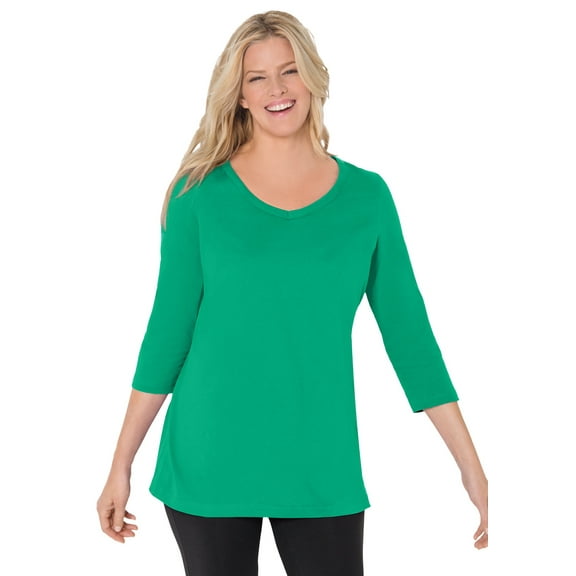 Woman Within Plus Size Perfect Three-Quarter Sleeve V-Neck Tee (Petite Available)