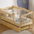 thumbnail image 2 of SESSLIFE Wood Toddler Day Bed with 2 Pull-Out Drawers, Kid Bed Frame with Fence Railings, No Box Spring Needed, Solid Wood Slats Supported Daybed for Toddler (Natural), 2 of 6