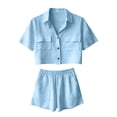 thumbnail image 2 of OGLCCG 2 Piece Summer Outfits for Women Cotton Linen Button Down Short Sleeve Shirt Top and Shorts Casual Travel Lounge Sets with Pockets,S,Light Blue, 2 of 7
