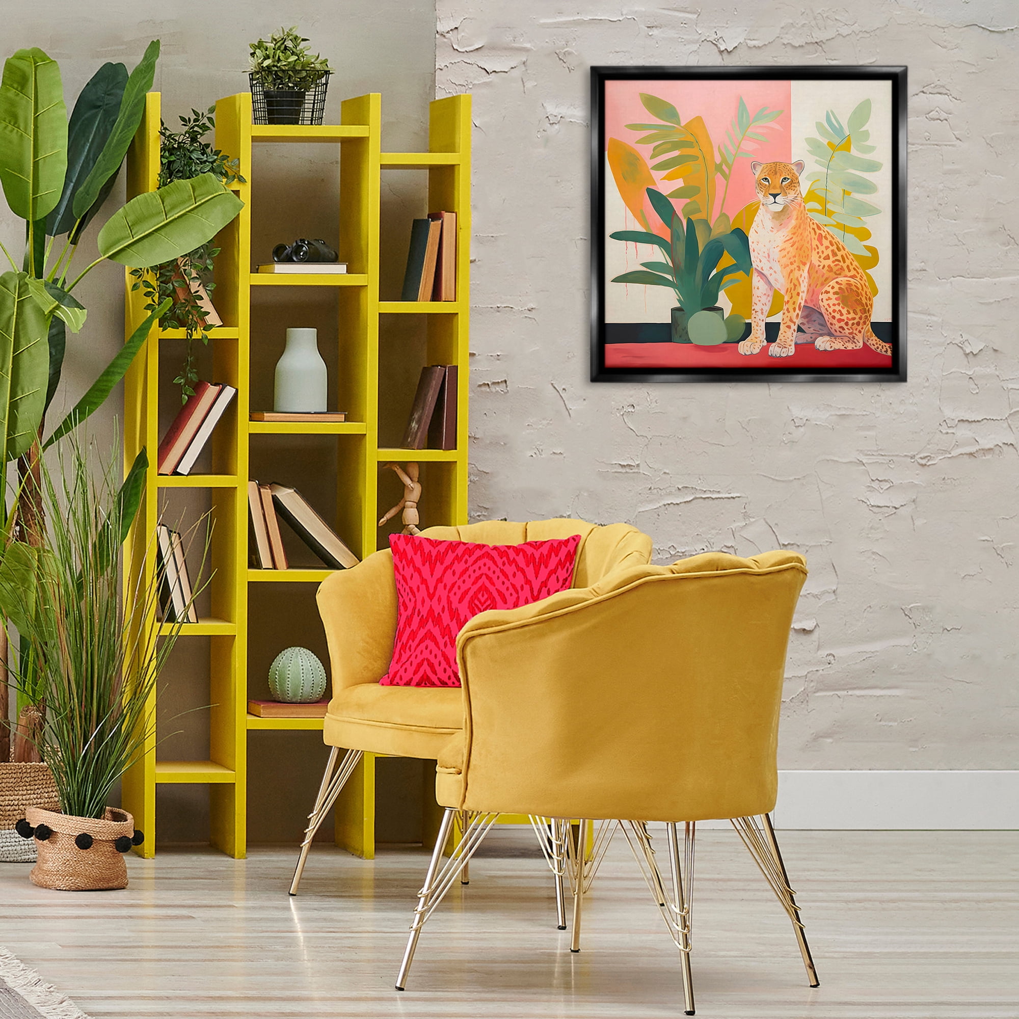 Stupell Industries Leopard Sitting with Plants Animals & Insects Painting Black Floater Framed Canvas Art Print Wall Art, 25 x 25