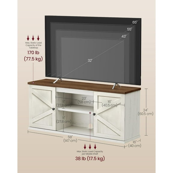 Farmhouse TV Stand for TVs up to 65 Inches, Entertainment Center with Storage Cabinets and Sliding Barn Doors, Media Console Table for Living Room, Rustic White and Honey Brown