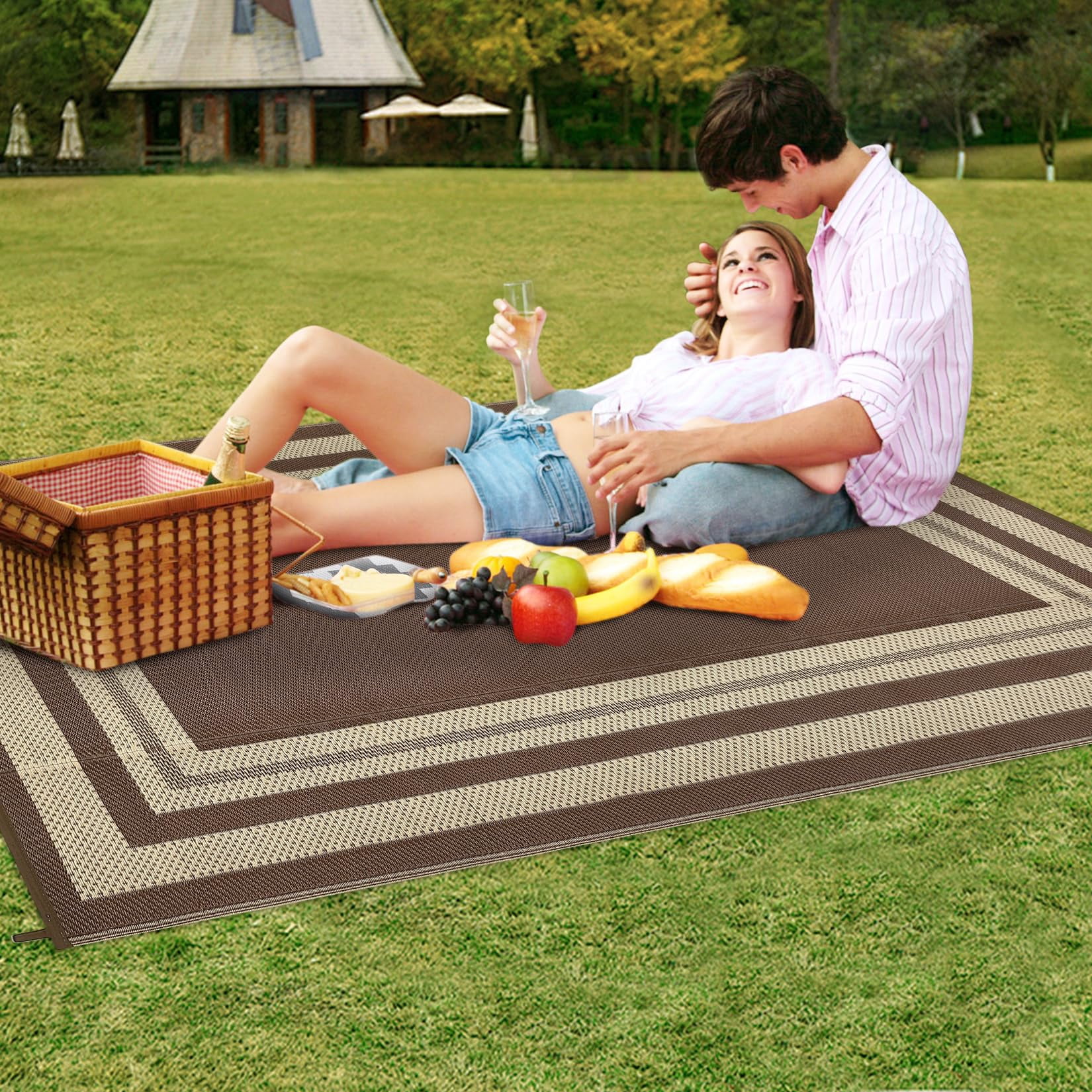 Outdoor Plastic Straw Rug 8x10 Reversible Patio Rug Outdoor Rugs Waterproof Camping Rugs Portable Outside Floor Mat for RV Porch Balcony Patio Camping Picnic Beach Coffee/Beige Panel
