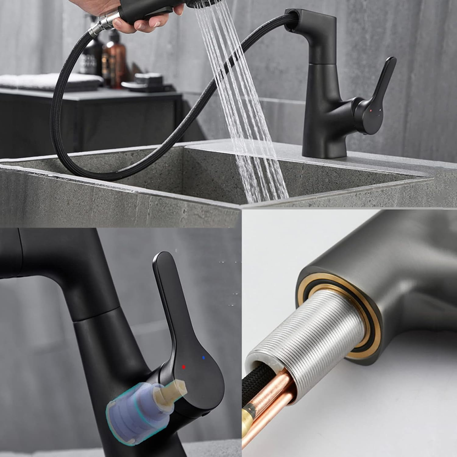 Bathroom Faucet with Pull Out Sprayer, 360° Rotation 2 Modes Faucets for Bathroom, Single Hole Faucet for Bathroom Sink Brass, Bathroom Faucet Single Handle,Black