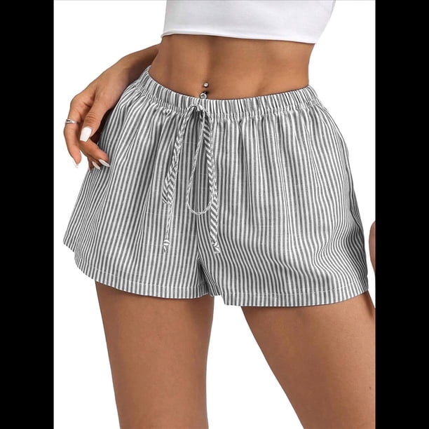 Pantalones Cortos Tipo Bóxer de Verano con Cintura Elástica, Cordón Ajustable y Estampado de Rayas para Mujer Negro S