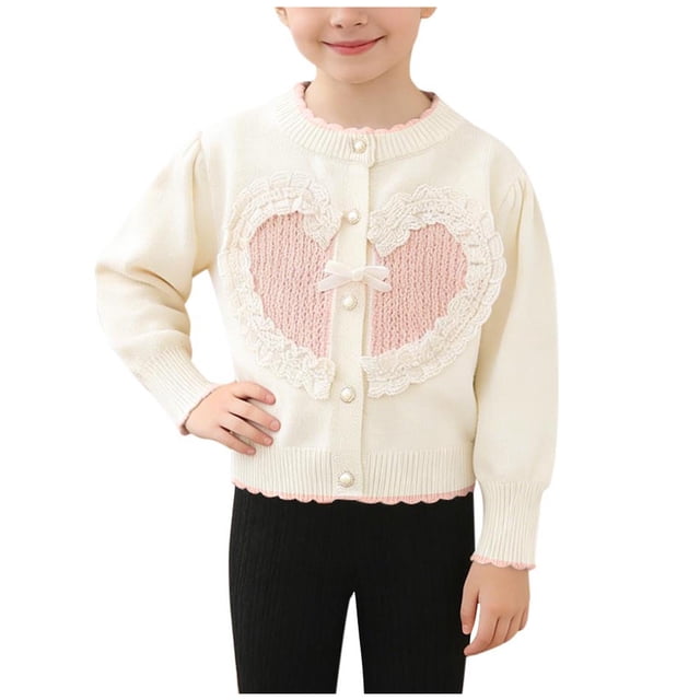Suéter de cuello redondo para primavera y otoño e invierno para niñas, suéter con lazo en forma de corazón y botones de perlas, cárdigan de manga larga, suéter para niños, parte superior de poliéster
