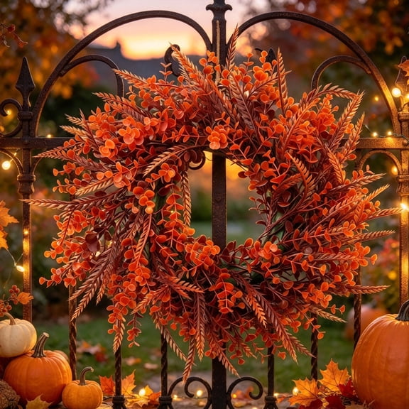 Artificial Fall Wreath 15.7 in Orange Eucalyptus Wheat Harvest Door Decor for Thanksgiving Halloween Autumn Home