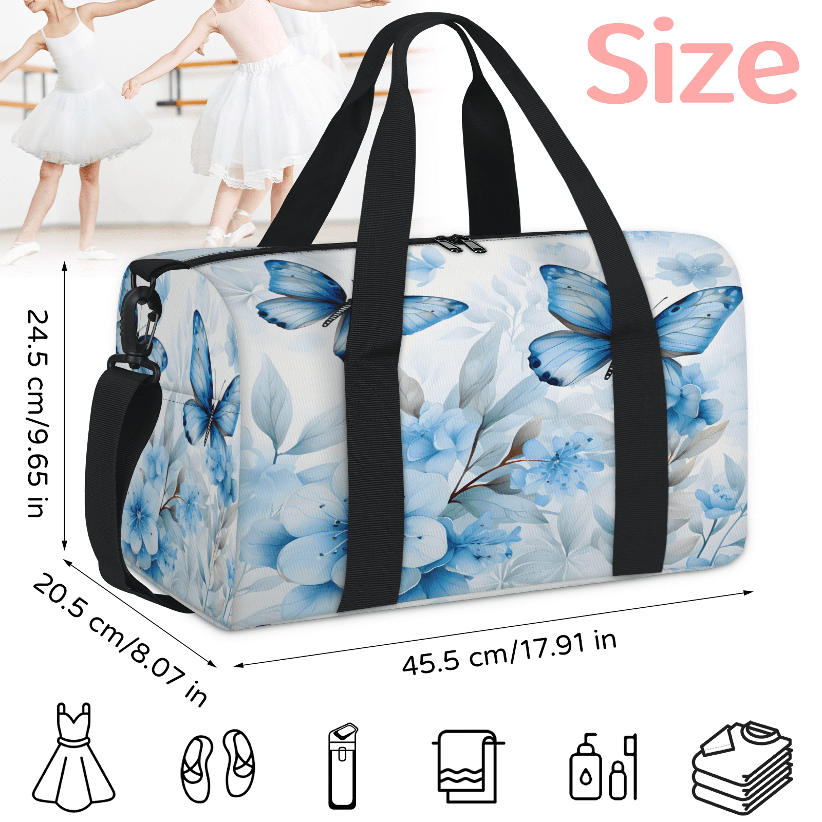 Herdesigns Blue Butterfly Flower Travel Duffle Bag Sports Yoga Weekender Overnight Carry on Workout Bags Lightweight Waterproof Gym Tote Bag for Women