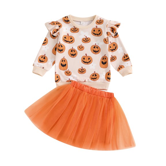 Toddler Kids Girls 2Pcs Halloween Outfits 12 18 24 Months 2T 3T 4T 5T 6T Long Sleeve Pumpkin Print Sweatshirt   Tulle Skirt Set Baby Clothes