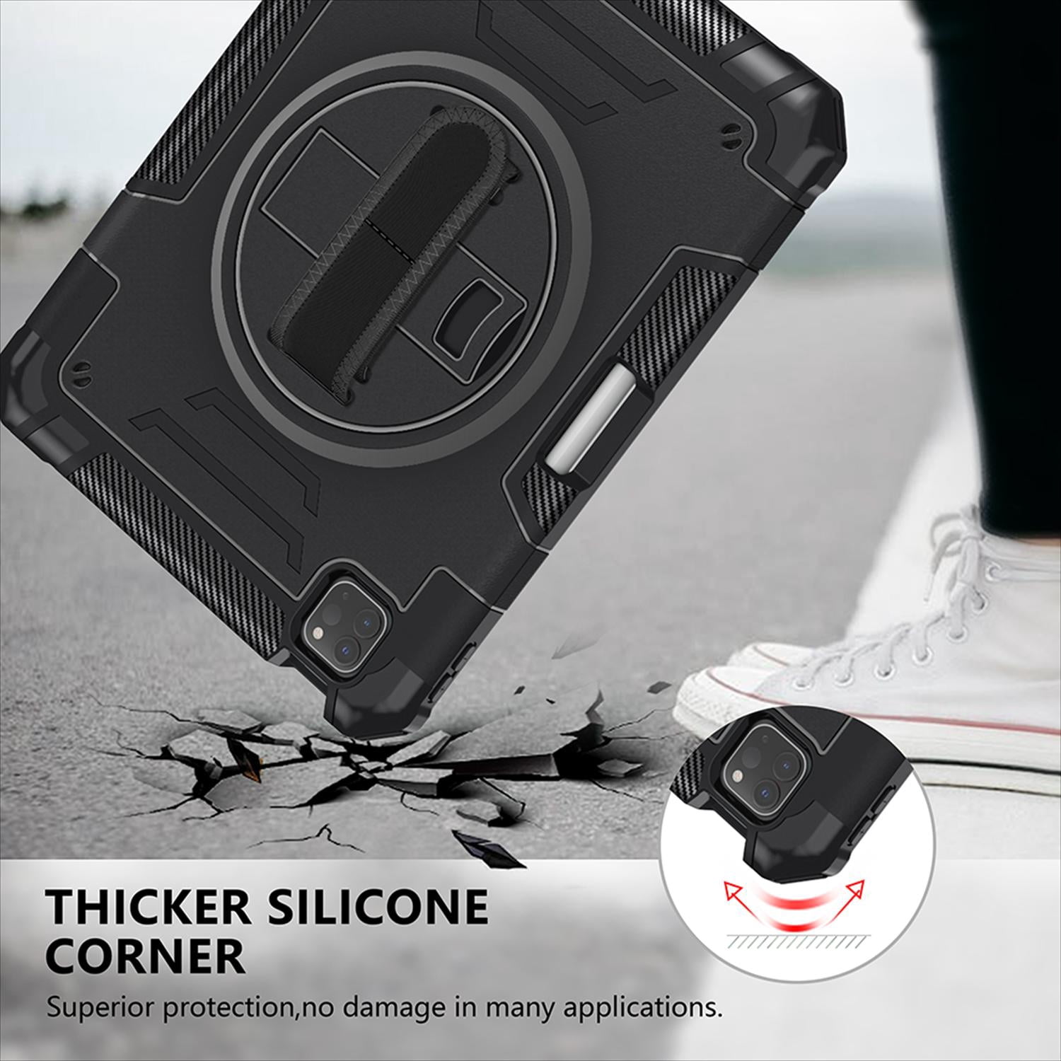 Shockproof Case for Apple iPad Pro 11 Inch 2024 M4, with Pencil Holder Military Grade Protection Rotating Stand Hand Strap Shoulder Strap Bumper Rugged Case for iPad Pro 11" 2024, Black