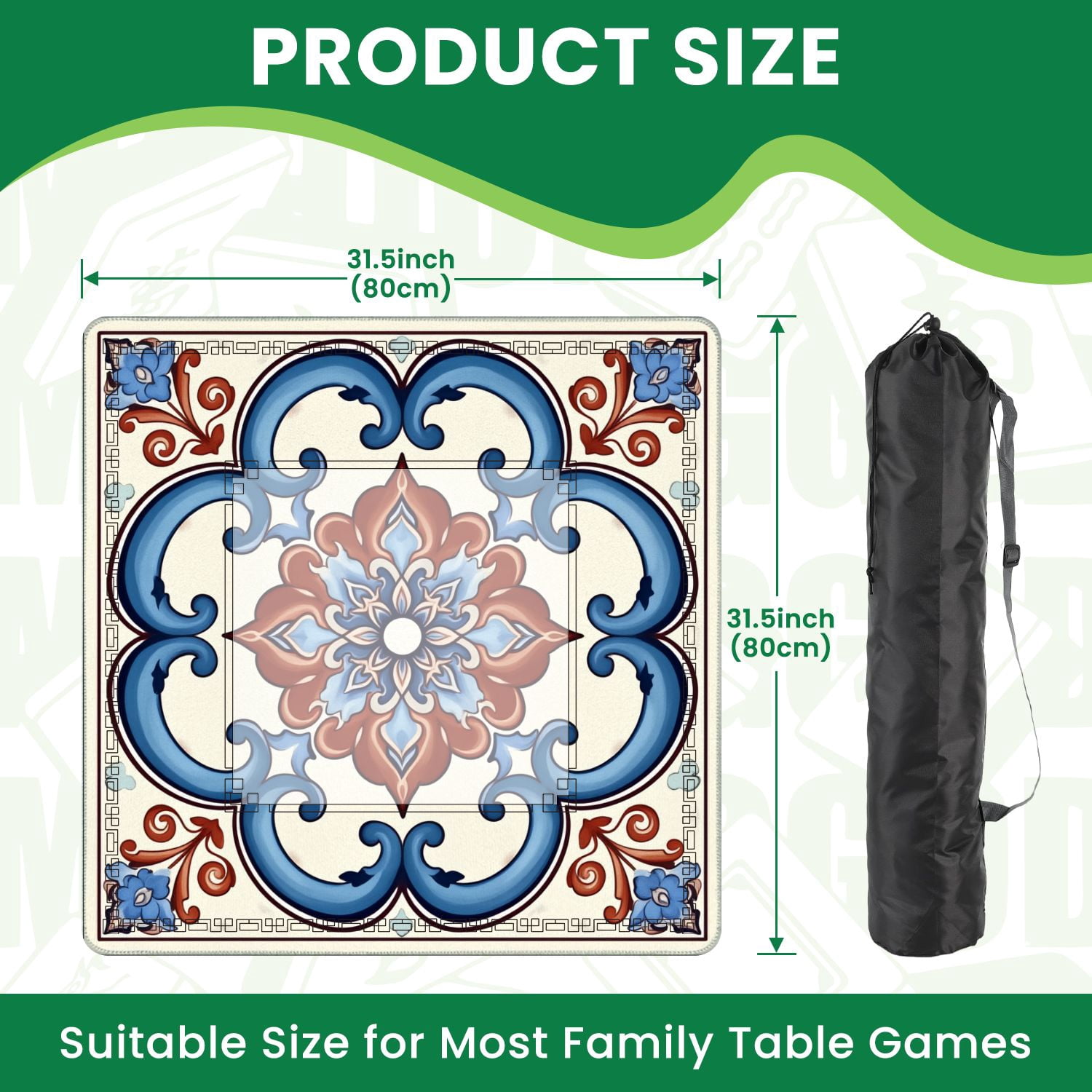Mahjong Mat 31.5" x 31.5" Ornamental Geometric Tile Blue Terracotta Floral Motifs Non-Slip Noise Reduction American Mahjong Tiles Table Cover for Dominoes Poker Card Board Games Gift
