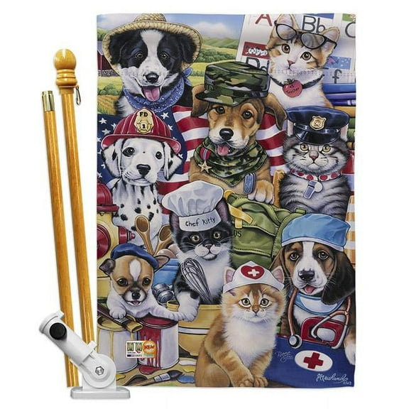 Breeze Decor BD-PT-HS-110081-IP-BO-D-US16-AL 28 x 40 in. Working Paws Nature Pets Impressions Decorative Vertical Double Sided House Flag Set & Pole Bracket Hardware