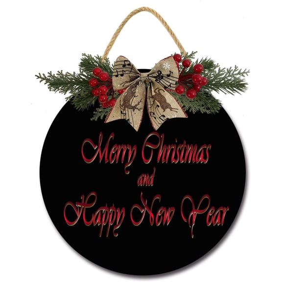 Eveokoki 11" Round Wooden Plaques,Christmas and Happy New Year Front Door Signs New Year Wooden Sign Christmas Themed Winter Art Print for Home, Party, Doors Decor, Xmas Outdoor Home Decor