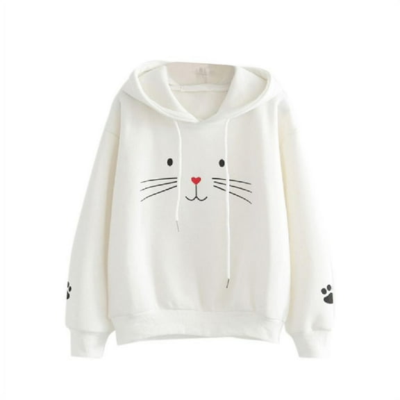 Fysho Girls Plus Velvet Pullover Sweater Hoodie Cute Cat Print Long Sleeve Casual Warm Winter Autumn Loose Tops