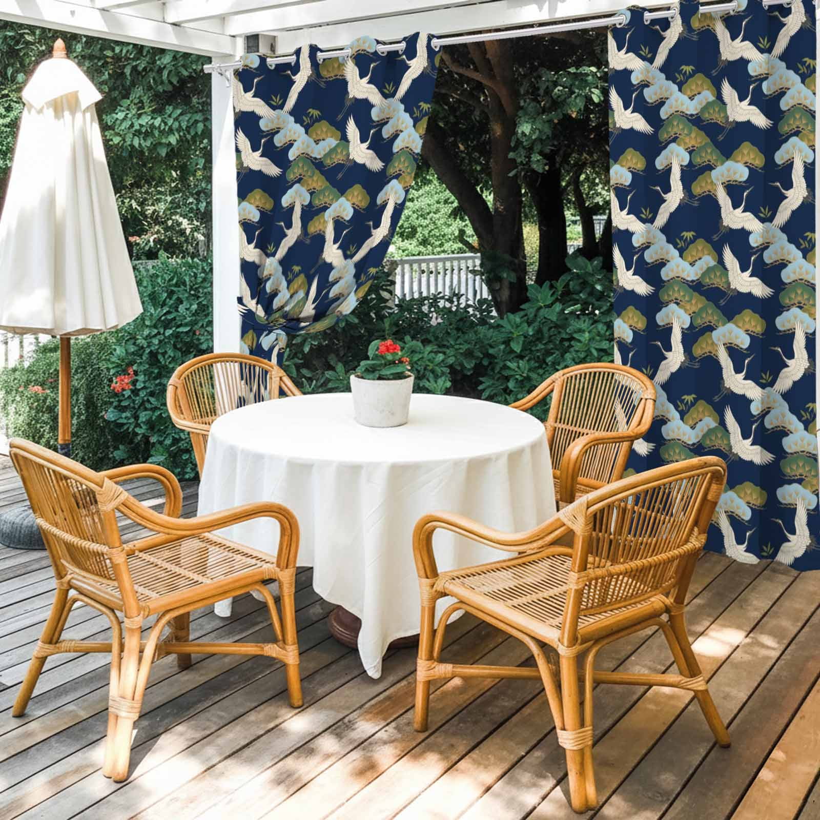 Flying Cranes Outdoor Curtains for Patio, Gold Pine Branches Navy Blue Background Sunshade Privacy Drapes Grommet Waterproof Outside Curtains for Porch/Cabana/Balcony 54"x 108", 1 Panel
