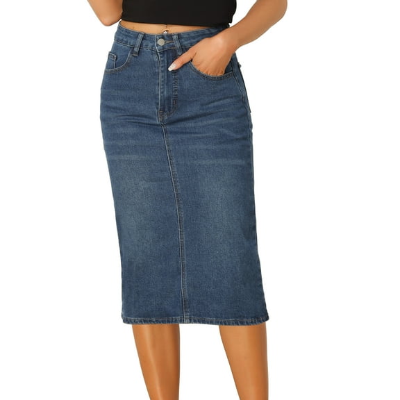 DARING DIVA Women's Denim Split Back Pockets Midi Jean Skirts XS Blue