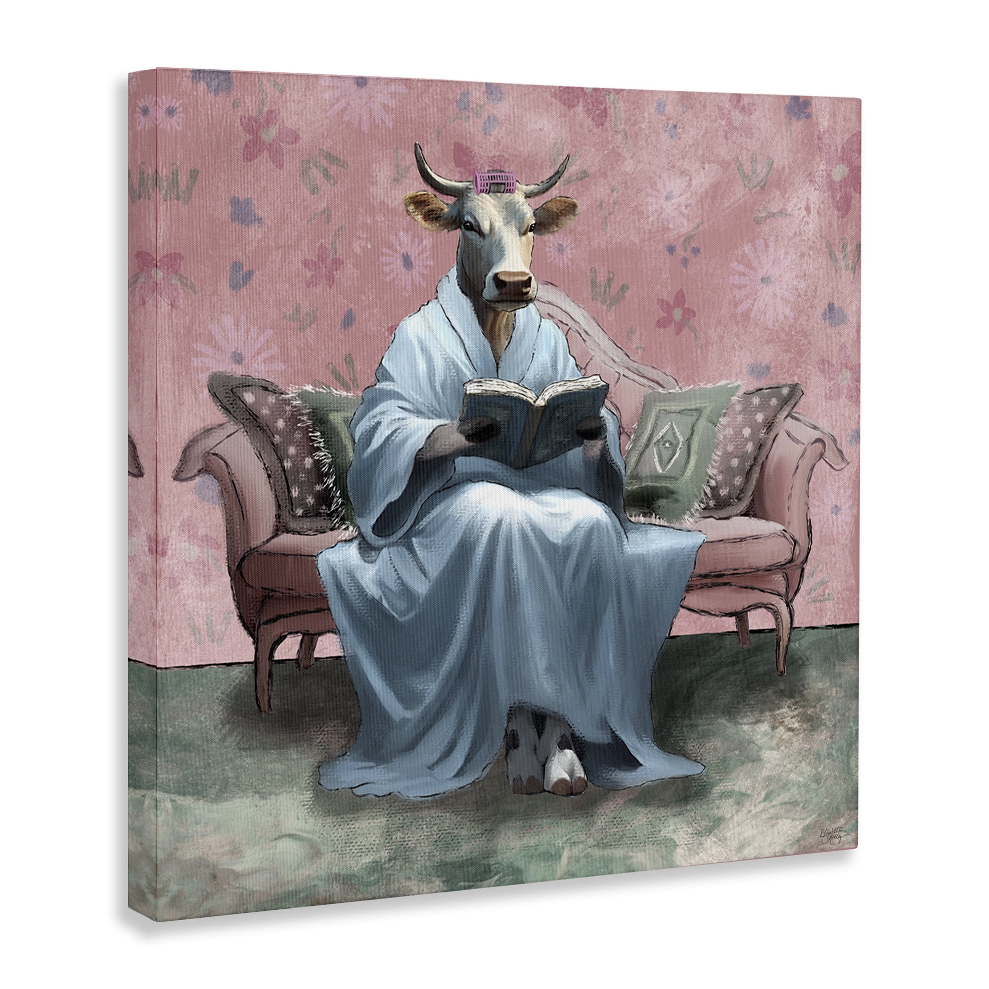 Stupell Industries Cow Reading Evening Book Novelty & Humor Painting Wrapped Canvas Art Print Wall Art, 17 x 17
