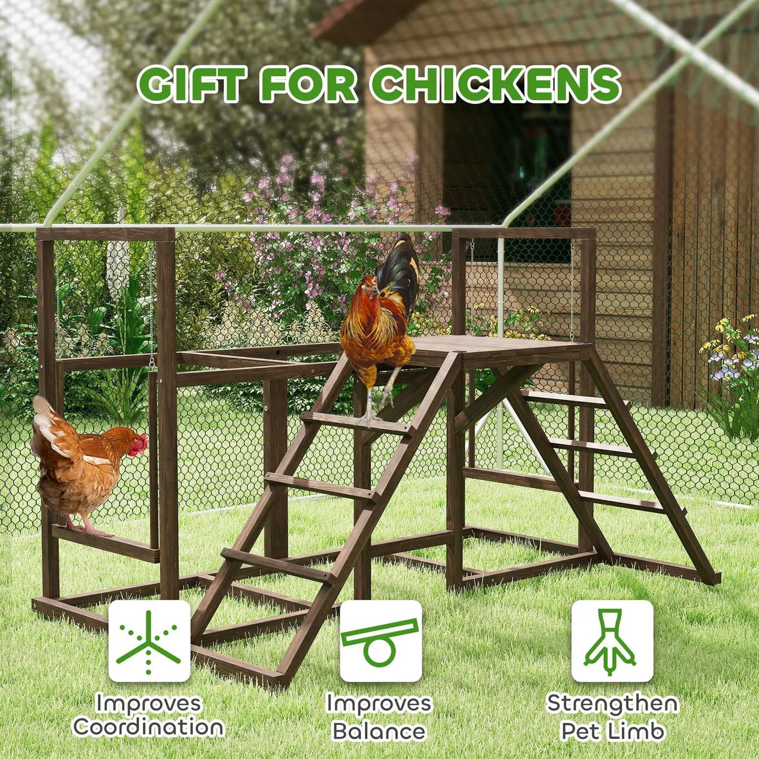 Pefilos 60" Wooden Chicken Activity Play Set for 3-4 Chicken, Outdoor Hen House Accessory with Perch, Swing, Ladder, Platforms, Feeder Storage, for Garden, Brown