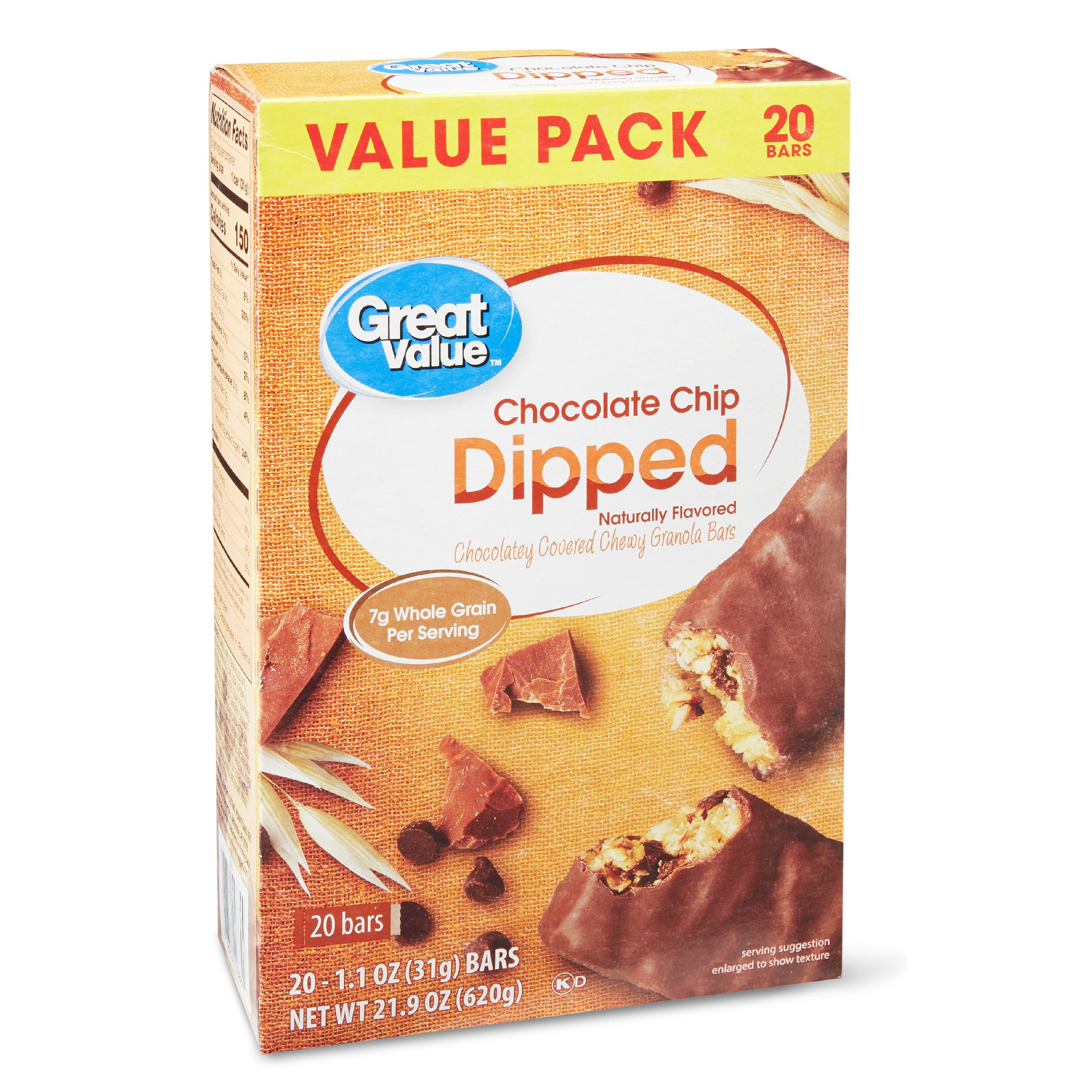Great Value Chocolate Chip Dipped Chewy Granola Bars Value Pack, 1.1 oz, 20 Count