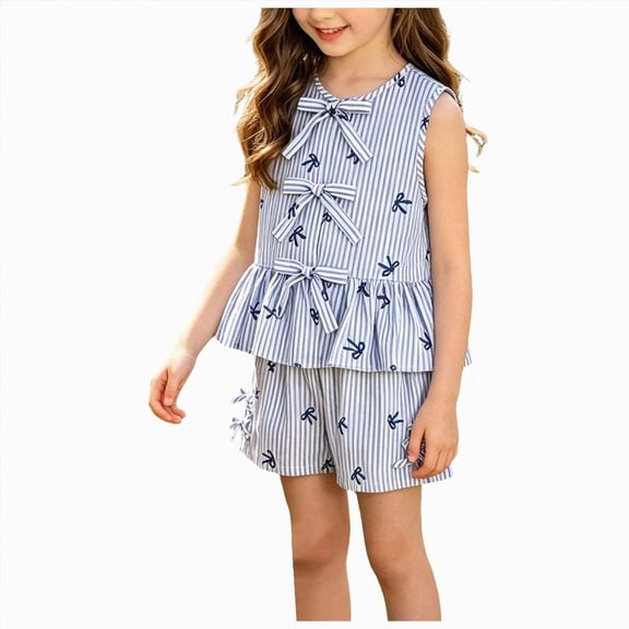 mgoYE Girls Clothes Summer 2 Piece Outfits Sleeveless Striped Bowknot Ruffle Top and Shorts Set for 7-14 Years Old(Light Blue,11 Years)