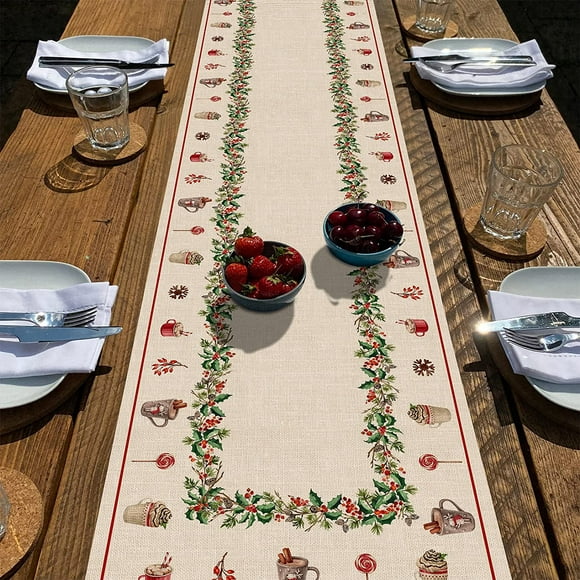 Christmas Holly Berry Table Runner, Red Merry Xmas Cocoa Dessert Tabletop Scarf Home Kitchen Coffee Winter Holiday Decor, Seasonal Farmhouse Rustic Burlap Dining Decorations Party Supply 13X72 - -