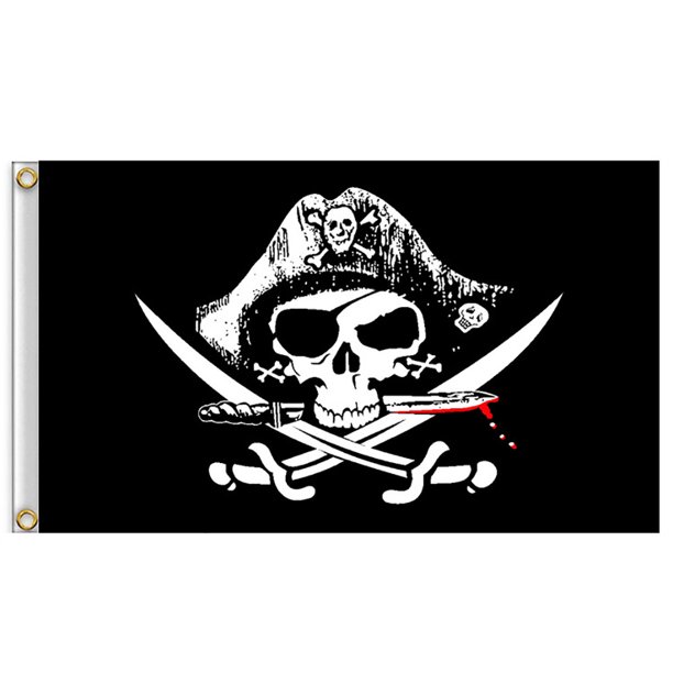 Banderas piratas gigantes con huesos cruzados de 2 x 3 pies para Halloween, decoración con ojales