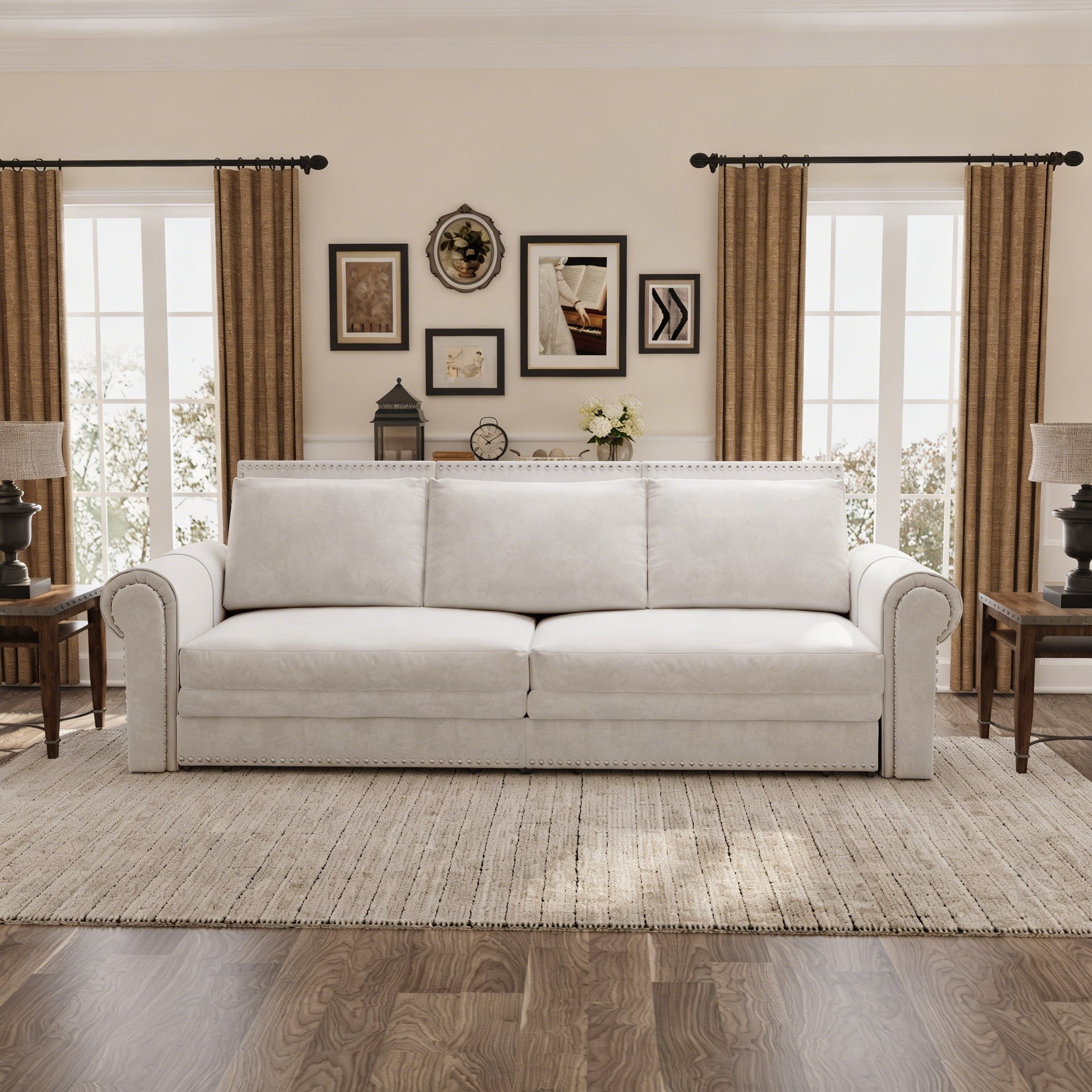 3-in-1 Convertible Velvet Sofa Bed, King Size Pull Out Sleeper Couch, White