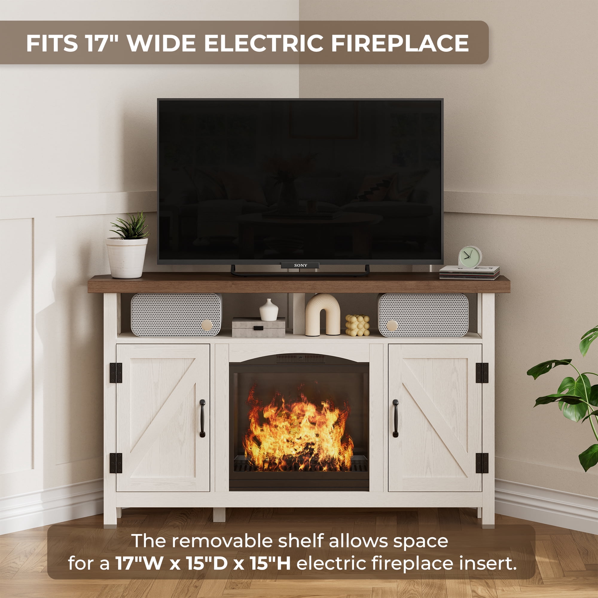 StorageWorks Farmhouse Corner TV Stand for TVs up to 60", Entertainment Center with Sliding Barn Doors and Storage Cabinets, Oak White