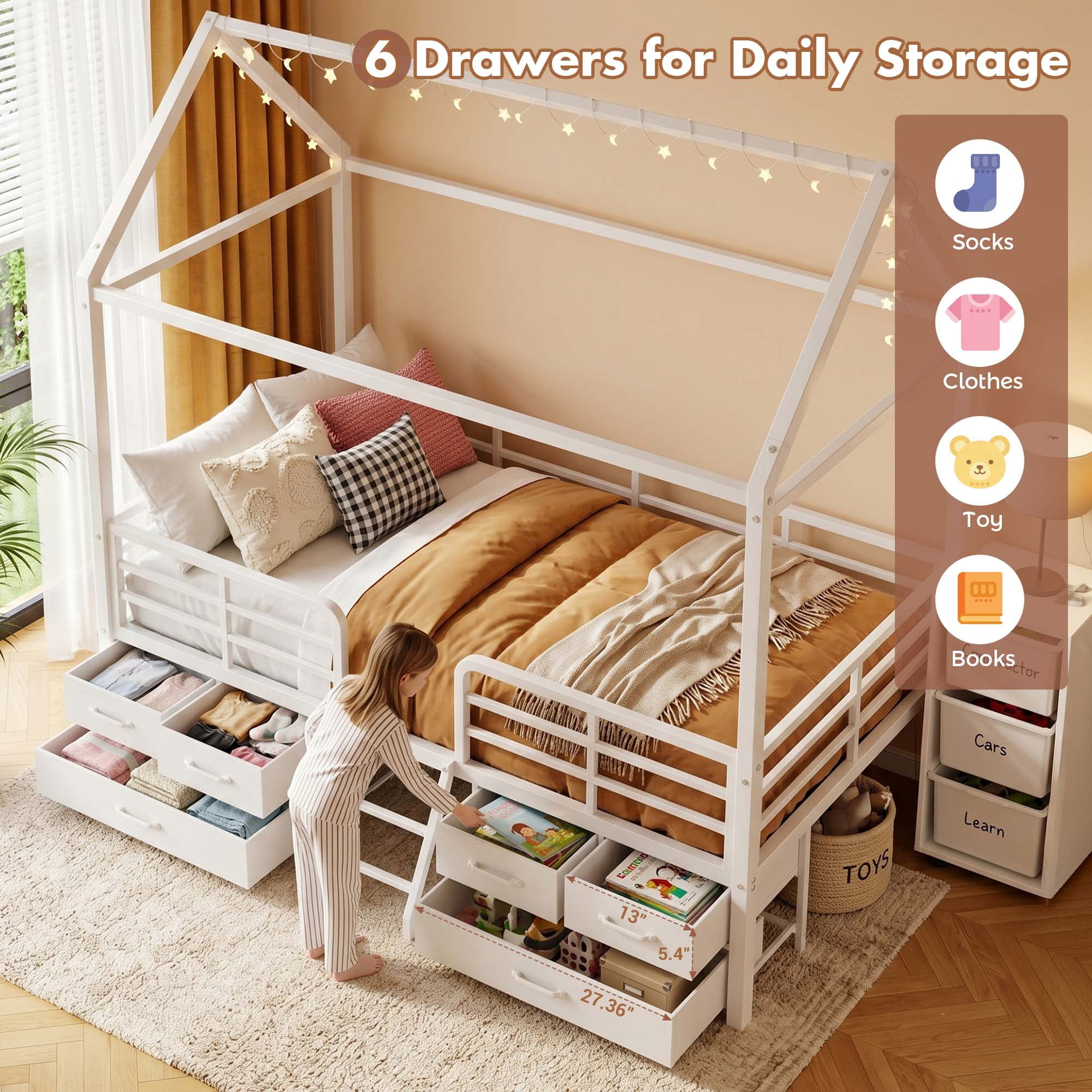 Miniyam Twin House Bed Frame with 6 Storage Drawers and Star Moon Lights, Metal Platform Bed, White