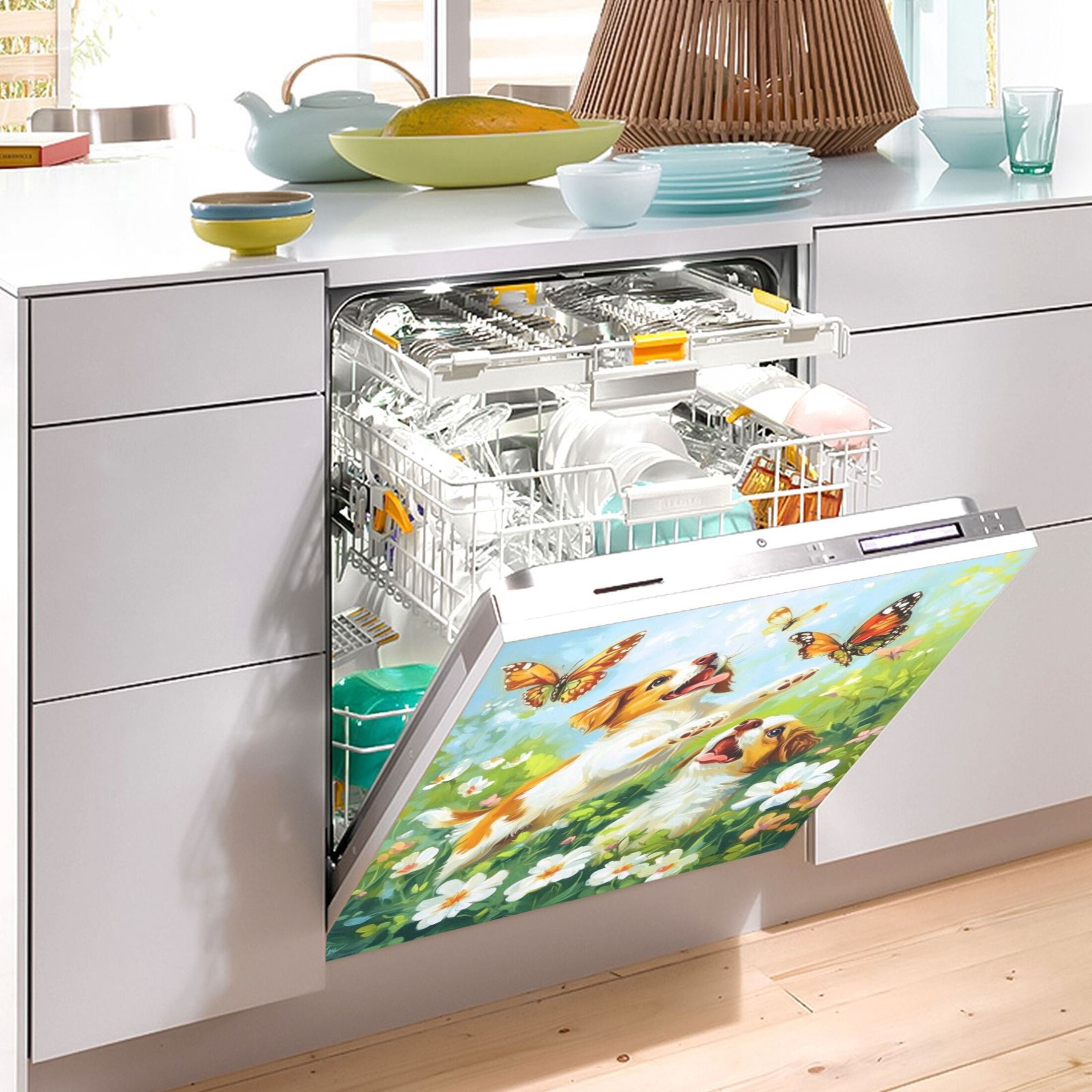 Dishwasher Magnetic Sticker 23x26 Inch Refrigerator Magnetic Sticker Washing Machine Magnetic Sticker Kitchen Panel Magnetic Sticker Home Decor Dogs and White Flowers
